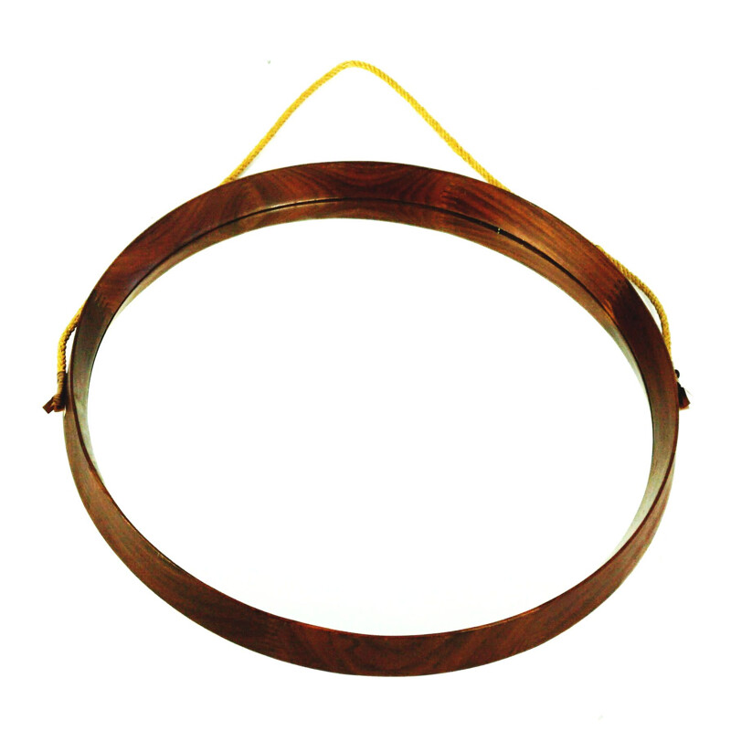 Italian mid century circular teak and rope wall mirror, Italy 1960