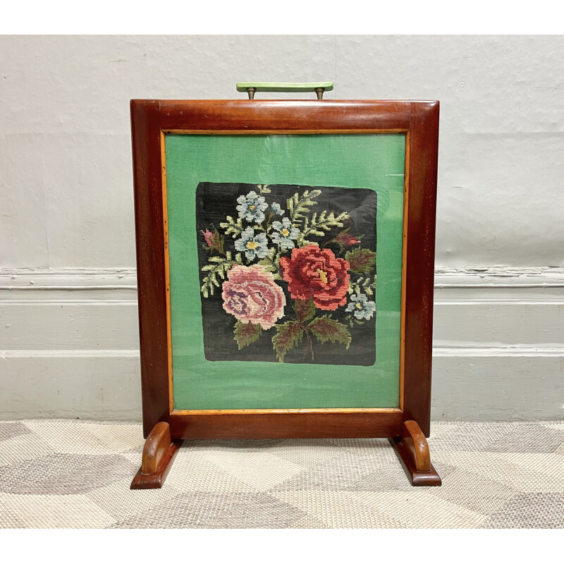 Art Deco vintage mahogany fire screen with embroidery, 1920-1930