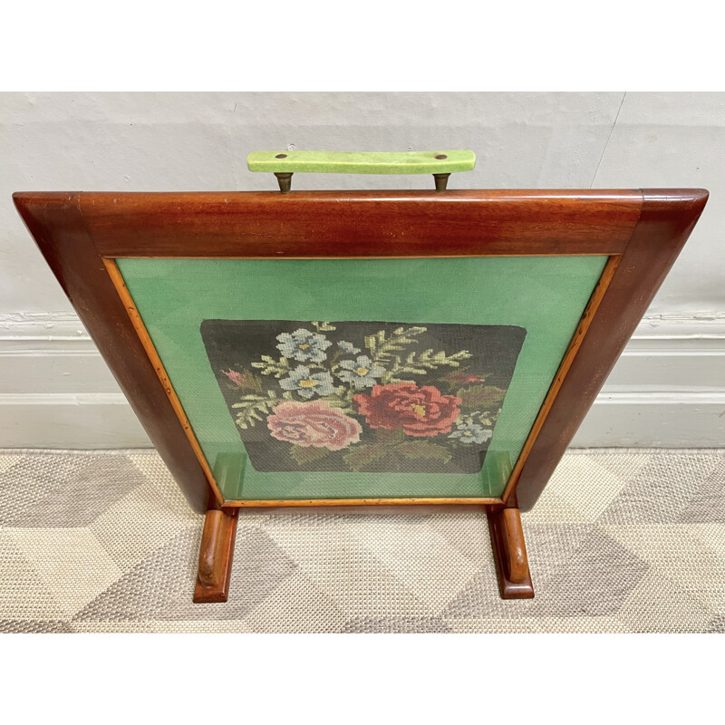 Art Deco vintage mahogany fire screen with embroidery, 1920-1930