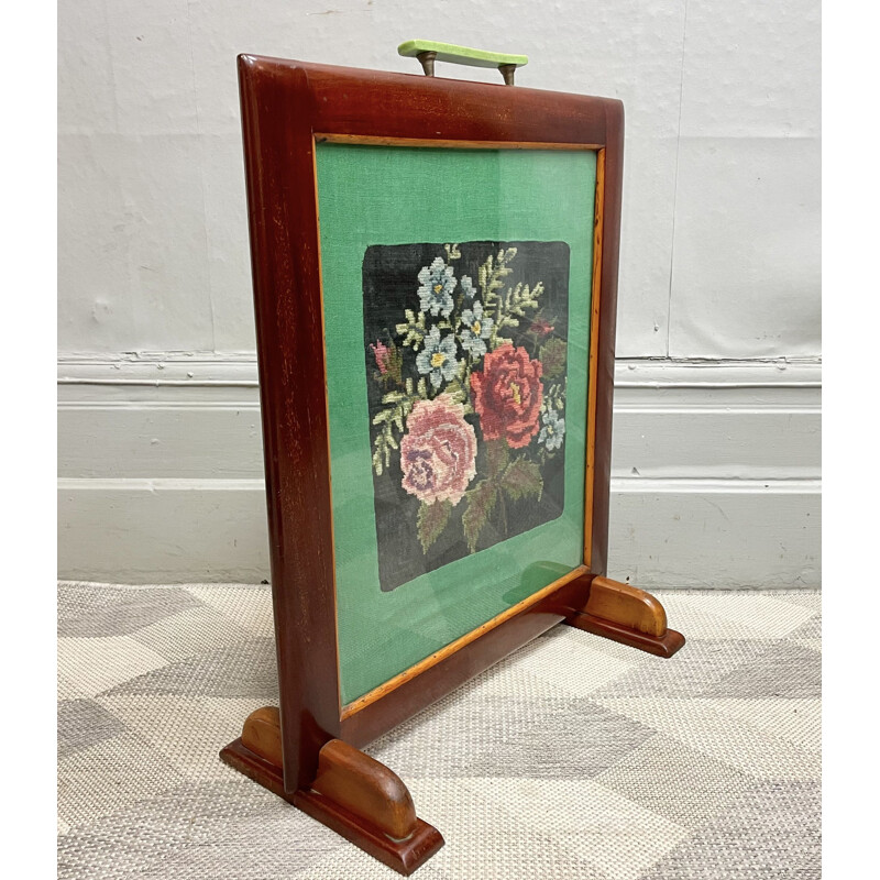 Art Deco vintage mahogany fire screen with embroidery, 1920-1930