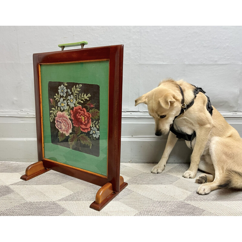 Art Deco vintage mahogany fire screen with embroidery, 1920-1930