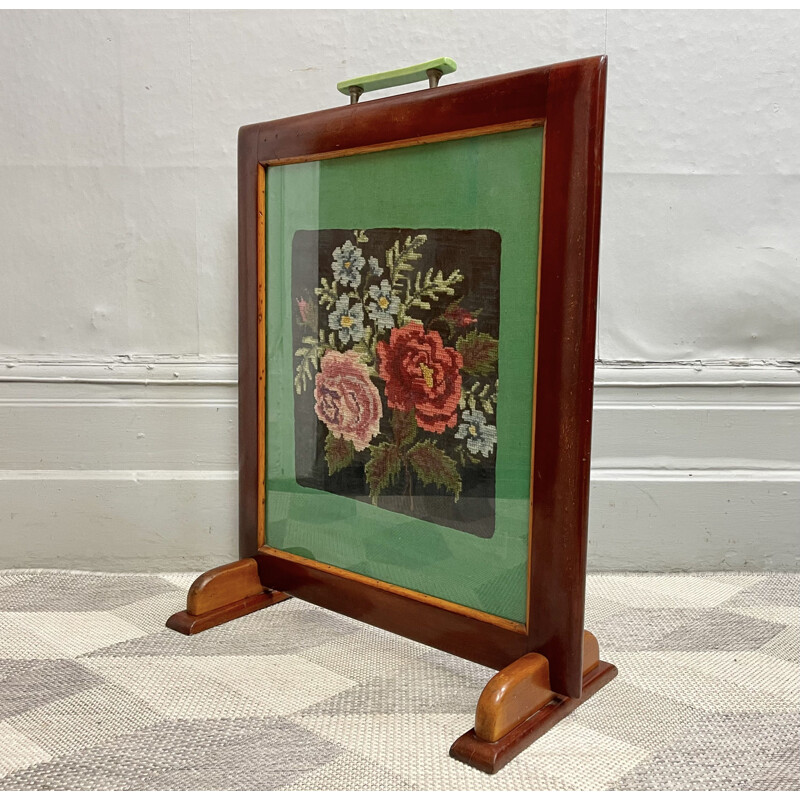 Art Deco vintage mahogany fire screen with embroidery, 1920-1930