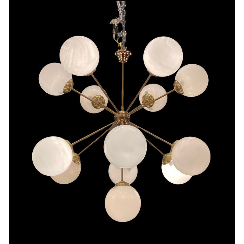 Mid-century brass & opaline Starburst Sputnik chandelier