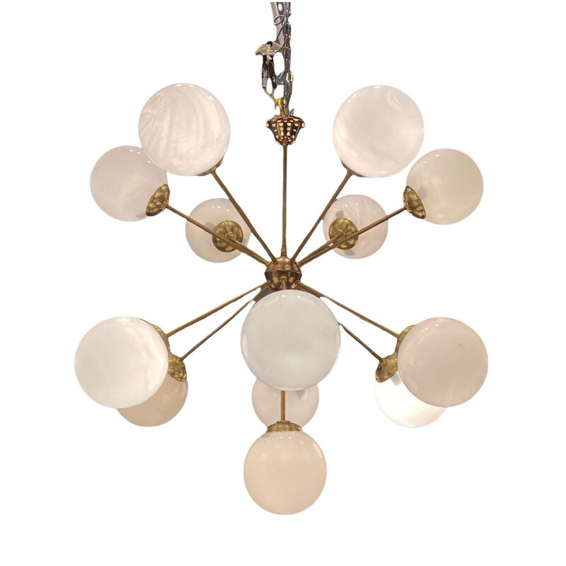 Lustre Spoutnik vintage en laiton et opaline