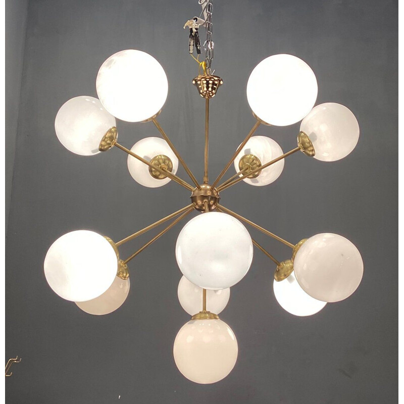 Mid-century brass & opaline Starburst Sputnik chandelier