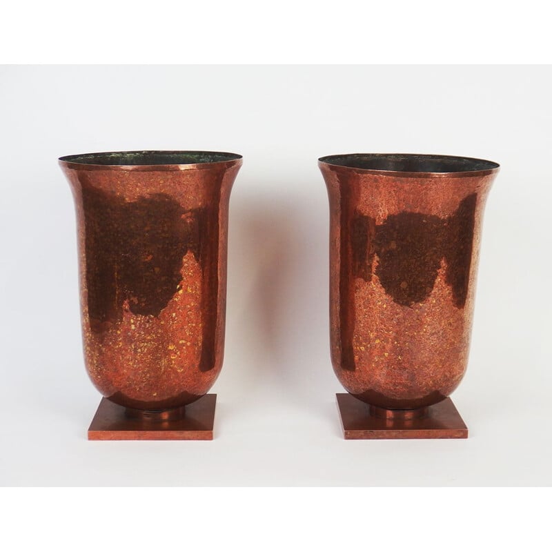 Pair of vintage Art Deco brassware vases, France 1930