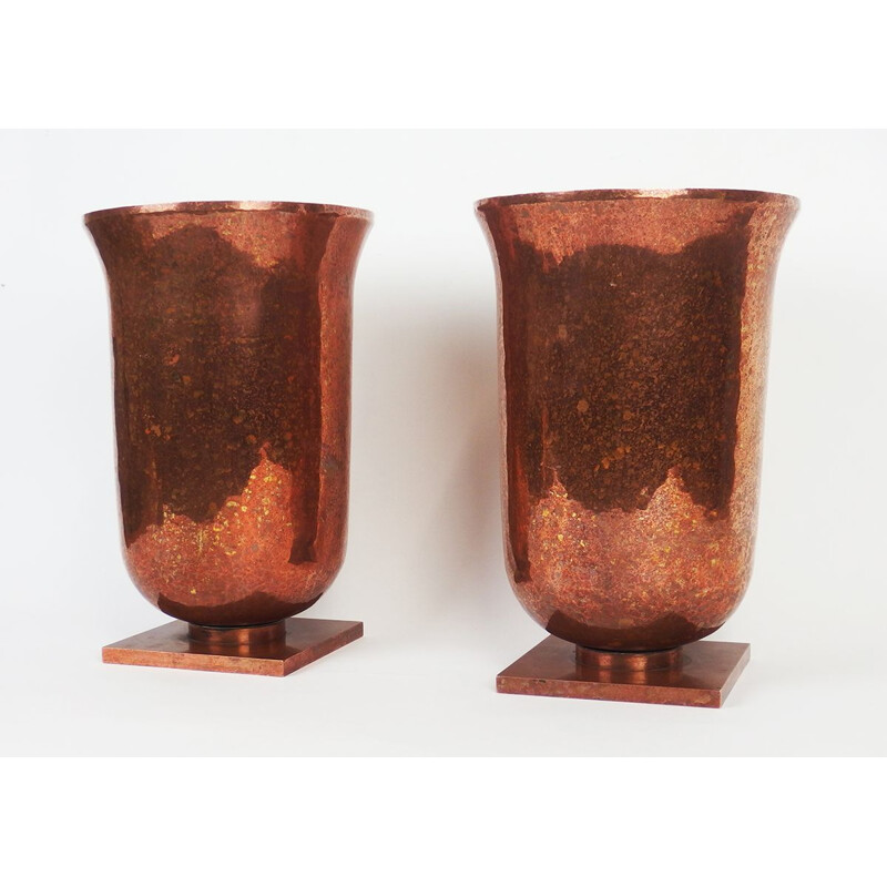 Pair of vintage Art Deco brassware vases, France 1930