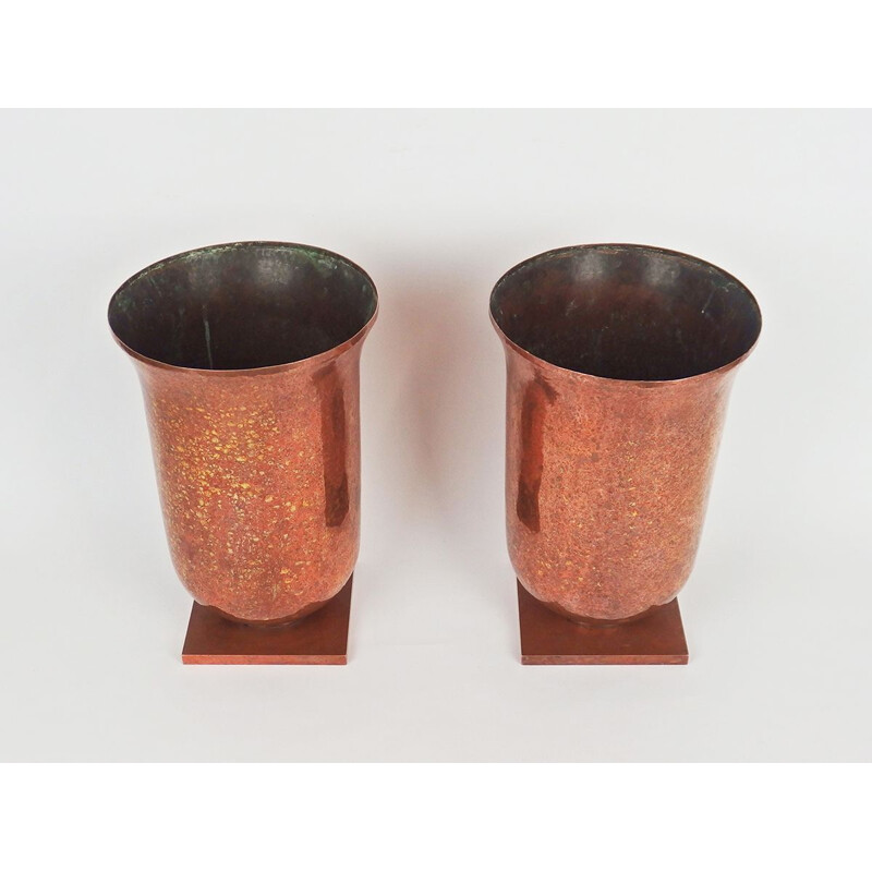 Pair of vintage Art Deco brassware vases, France 1930