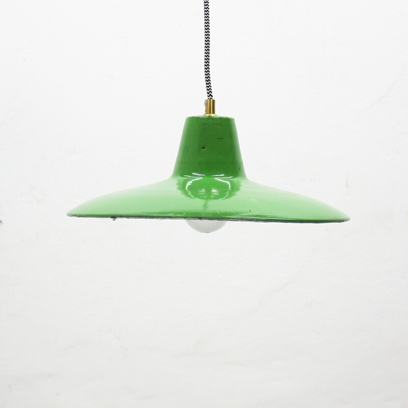 Vintage industrial pendant lamp in green enamel metal - 1930s