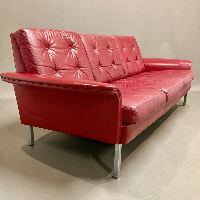 Vintage red leather 3-seater sofa, 1950