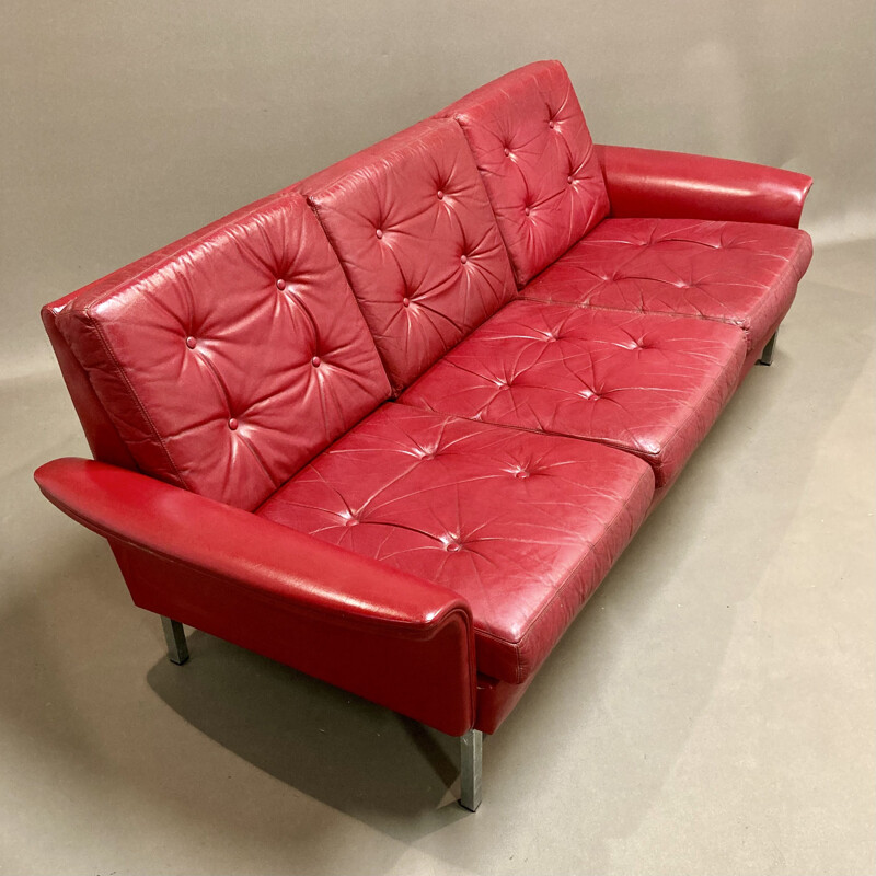 Vintage red leather 3-seater sofa, 1950