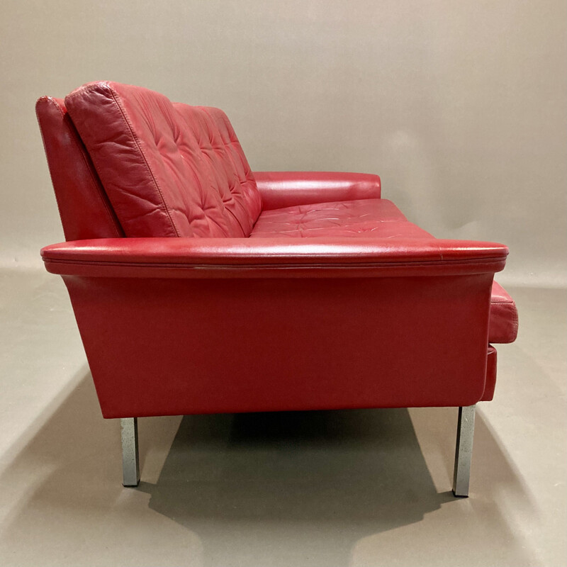 Vintage red leather 3-seater sofa, 1950