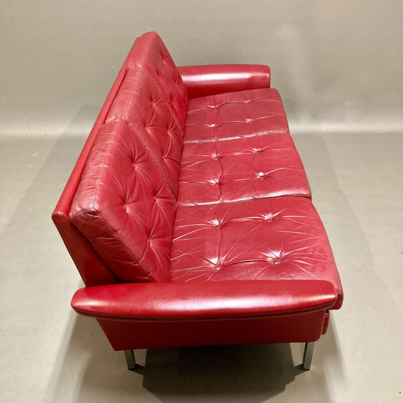 Vintage red leather 3-seater sofa, 1950