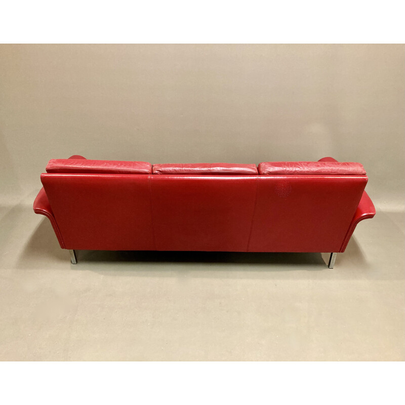 Vintage red leather 3-seater sofa, 1950