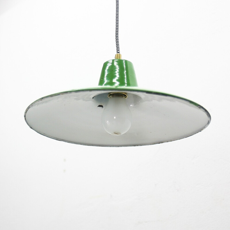 Vintage industrial pendant lamp in green enamel metal - 1930s