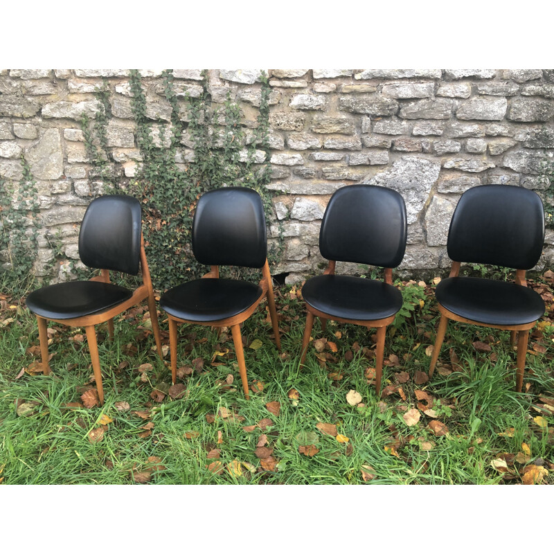 Lot de 4 chaises vintage Pégase en érable et skaï noir de Pierre Guariche, 1960