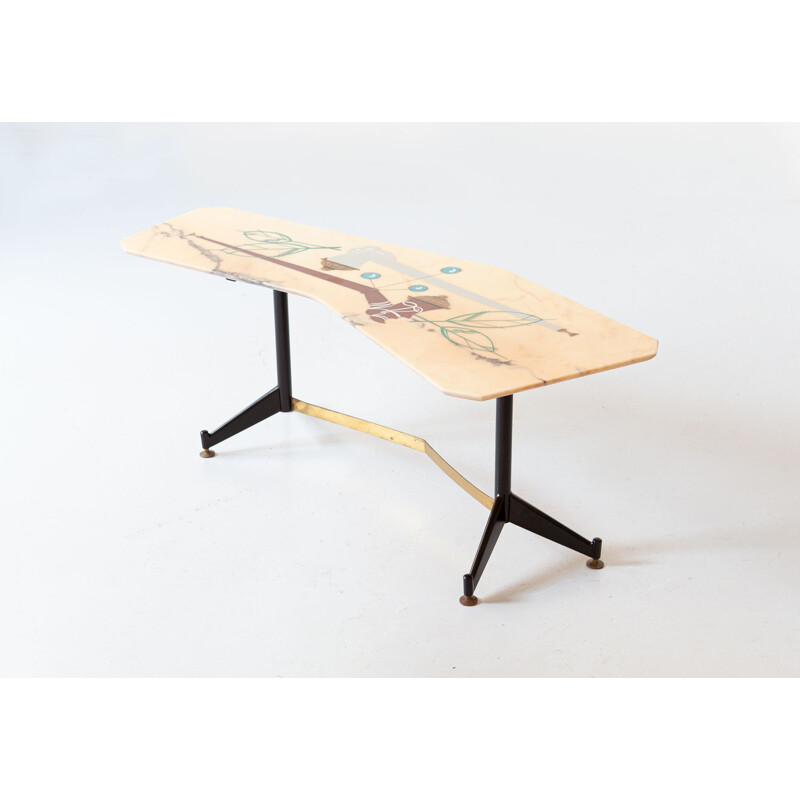 Vintage Italian steel and brass coffee table with decorated marble top, 1950s