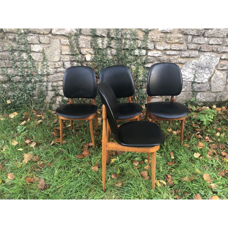 Lot de 4 chaises vintage Pégase en érable et skaï noir de Pierre Guariche, 1960