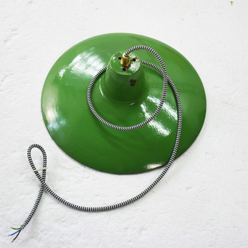 Vintage industrial pendant lamp in green enamel metal - 1930s