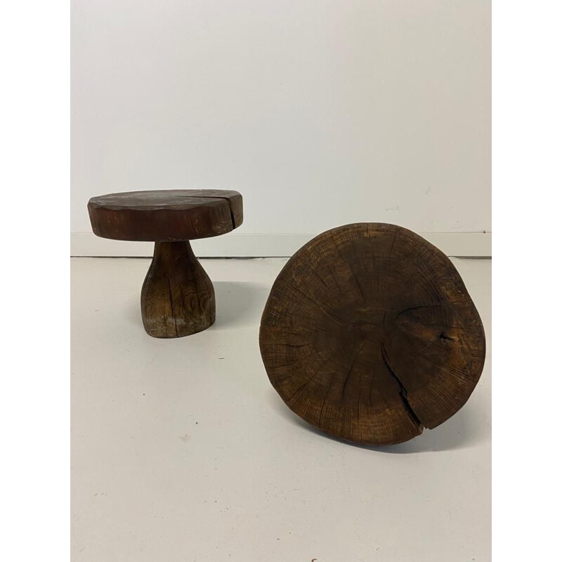 Pair of vintage brutalist wooden stools