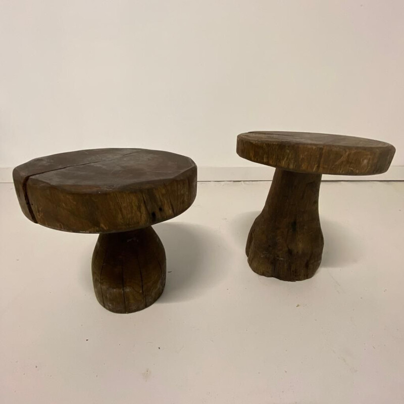 Pair of vintage brutalist wooden stools