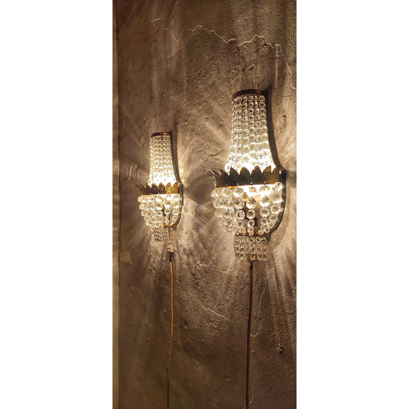 Pair of vintage crystal and brass sconces, France 1950