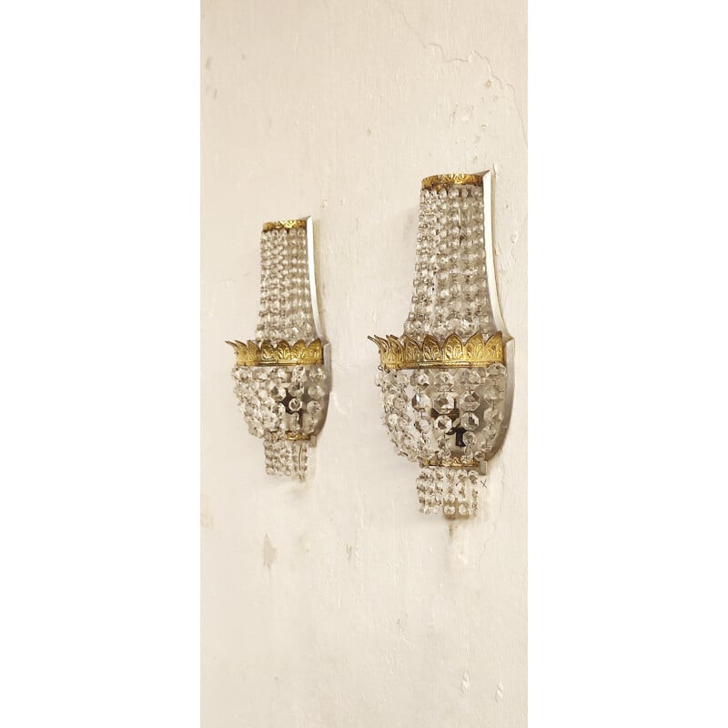 Pair of vintage crystal and brass sconces, France 1950