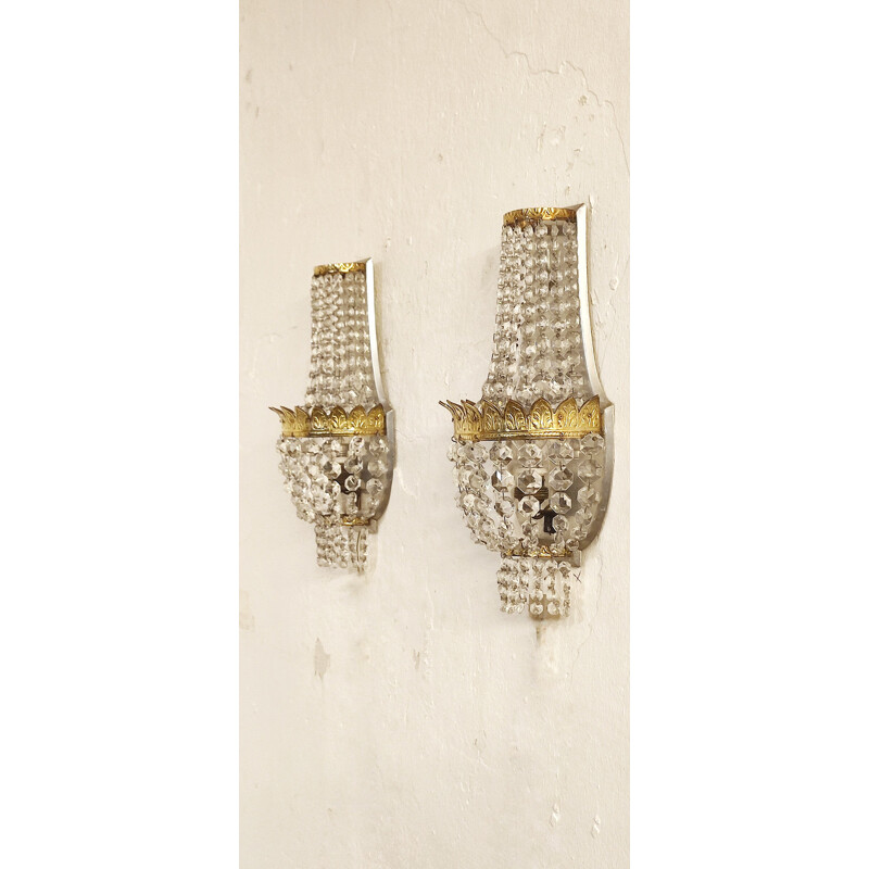 Pair of vintage crystal and brass sconces, France 1950