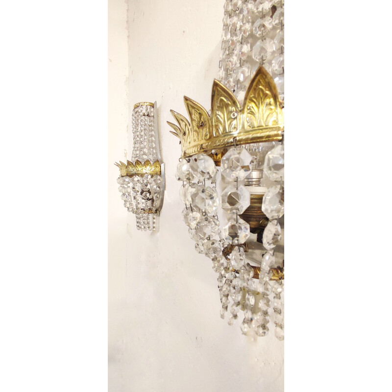 Pair of vintage crystal and brass sconces, France 1950