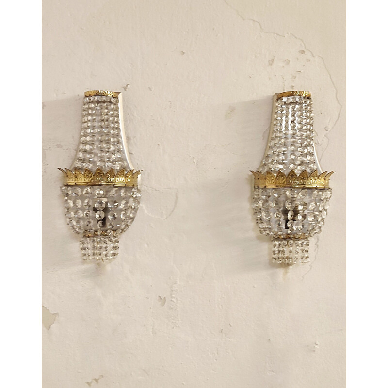 Pair of vintage crystal and brass sconces, France 1950