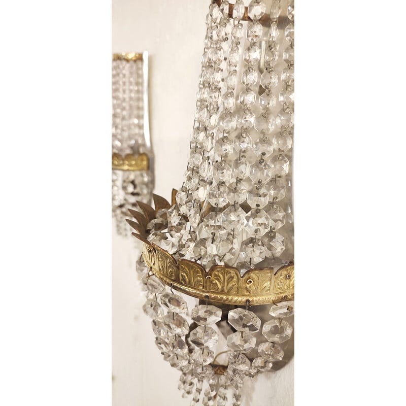 Pair of vintage crystal and brass sconces, France 1950