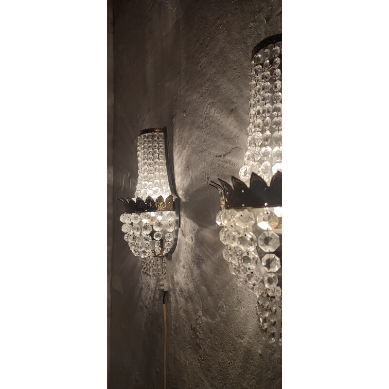 Pair of vintage crystal and brass sconces, France 1950