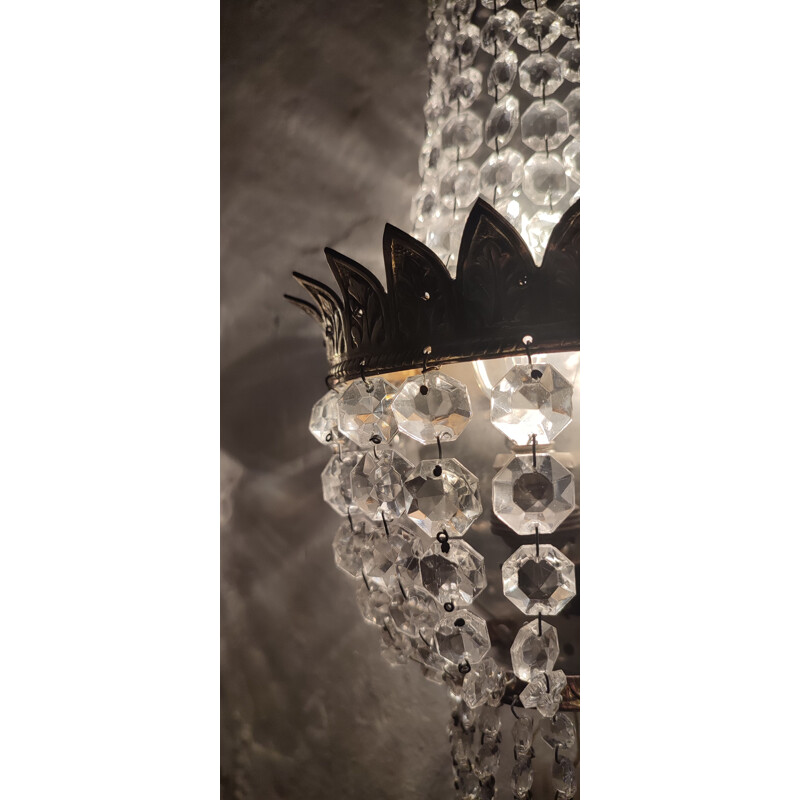 Pair of vintage crystal and brass sconces, France 1950