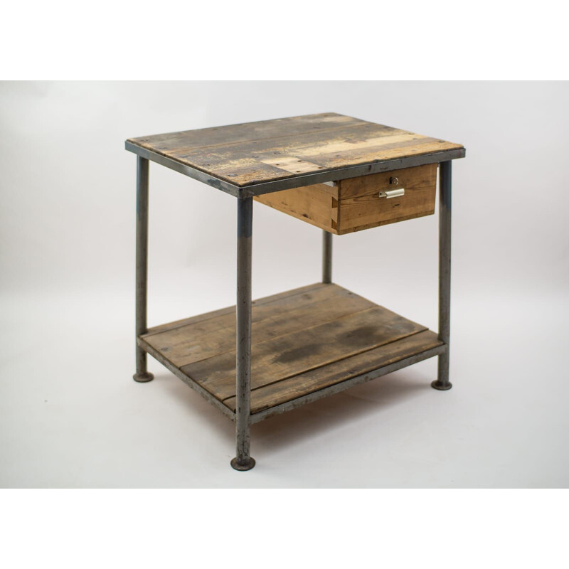 Vintage heavy Art Deco steel and wood work table, 1940s