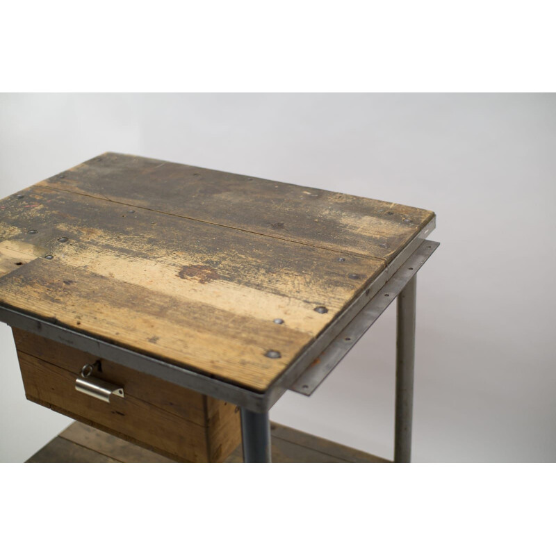 Table de travail lourde Art Déco vintage en acier et bois, 1940
