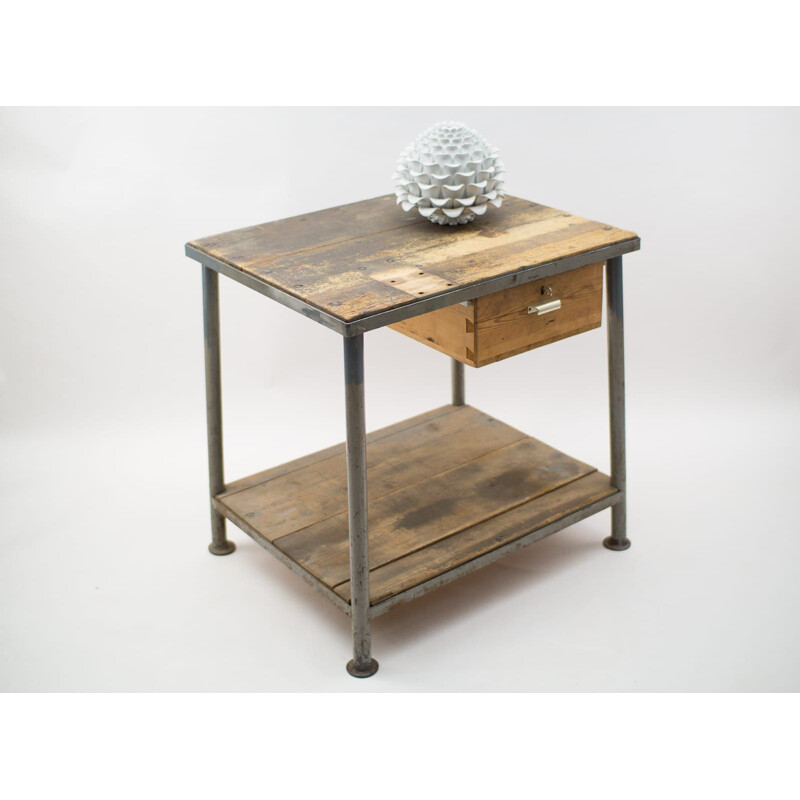 Vintage heavy Art Deco steel and wood work table, 1940s