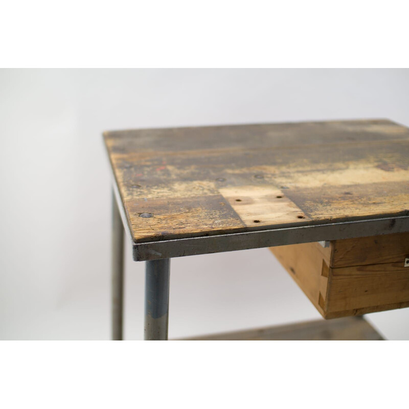 Vintage heavy Art Deco steel and wood work table, 1940s
