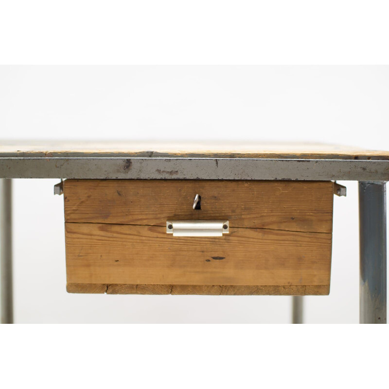 Vintage heavy Art Deco steel and wood work table, 1940s