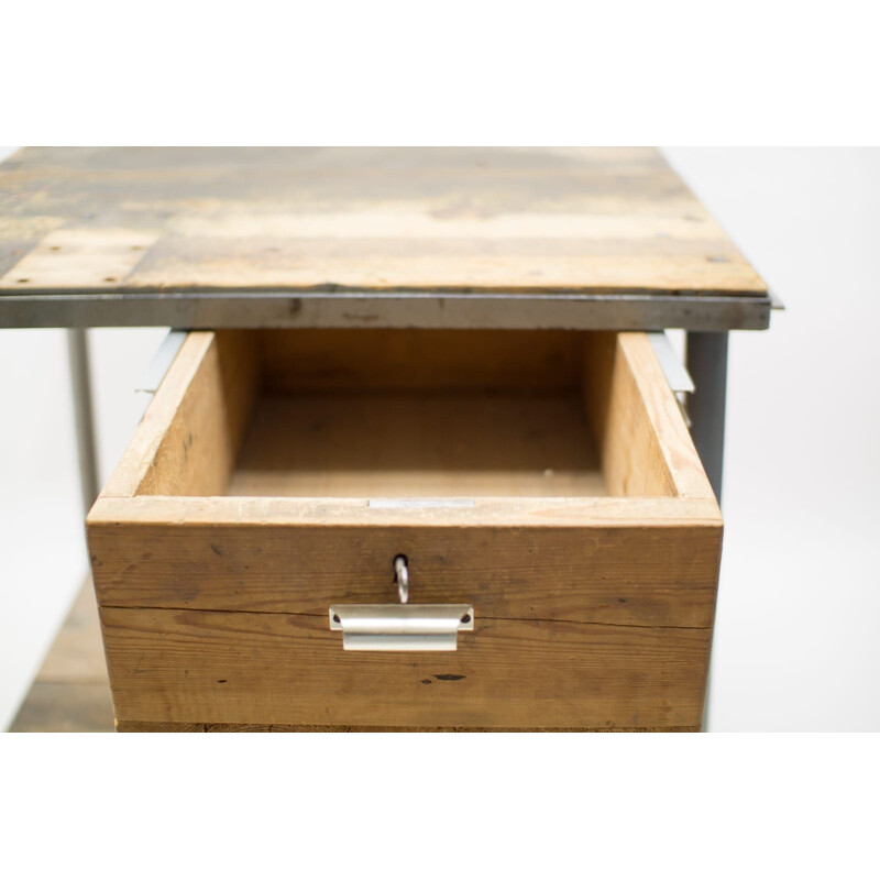 Vintage heavy Art Deco steel and wood work table, 1940s