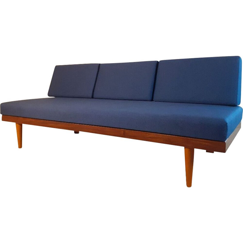 Lettino norvegese vintage in teak e tessuto blu di Ingmar Relling per Ekornes, 1960