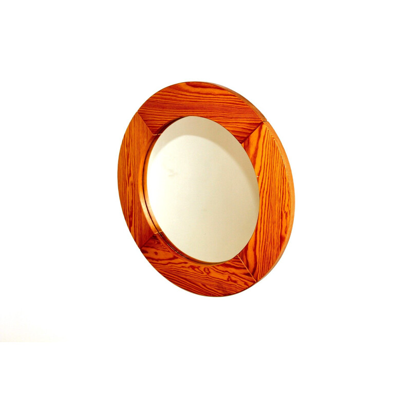 Vintage round pine mirror, Sweden 1970