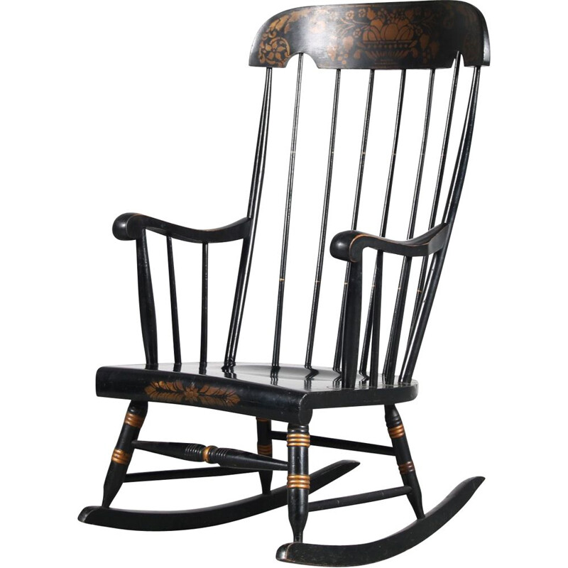 Vintage zwarte houten schommelstoel, USA 1940