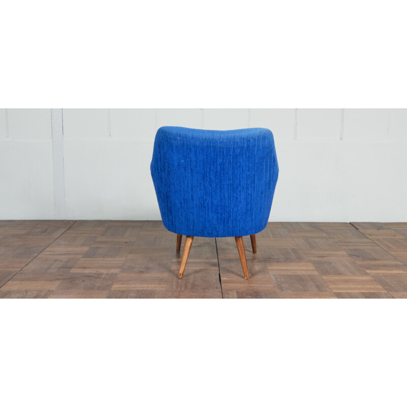 Fauteuil vintage en bois et tissu bleu - 1950