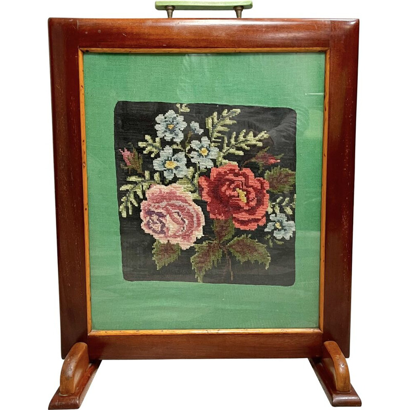Art Deco vintage mahogany fire screen with embroidery, 1920-1930