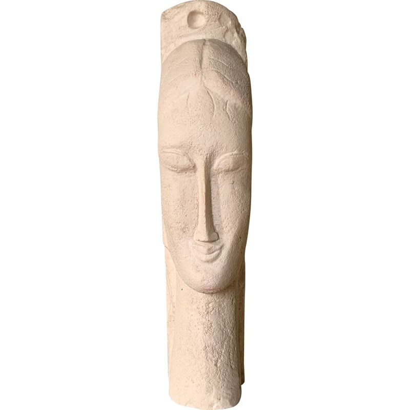 Vintage sculptuur van een vrouwenhoofd in steen en hars