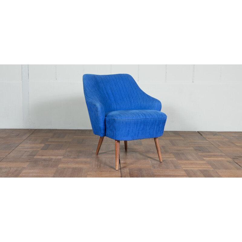Fauteuil vintage en bois et tissu bleu - 1950