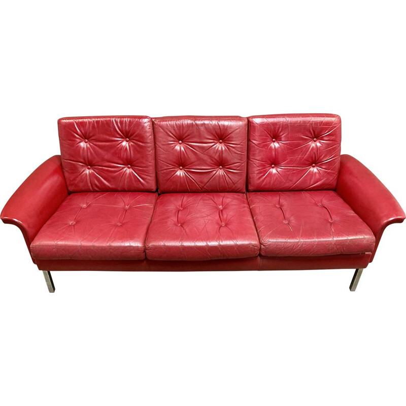 Vintage red leather 3-seater sofa, 1950