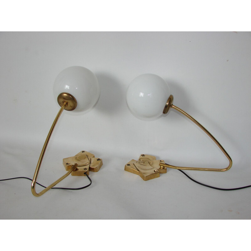 Pair of modernist vintage brass and glass lamps, 1960s