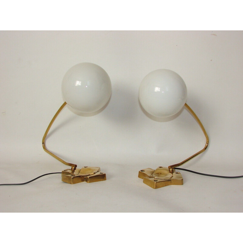 Pair of modernist vintage brass and glass lamps, 1960s