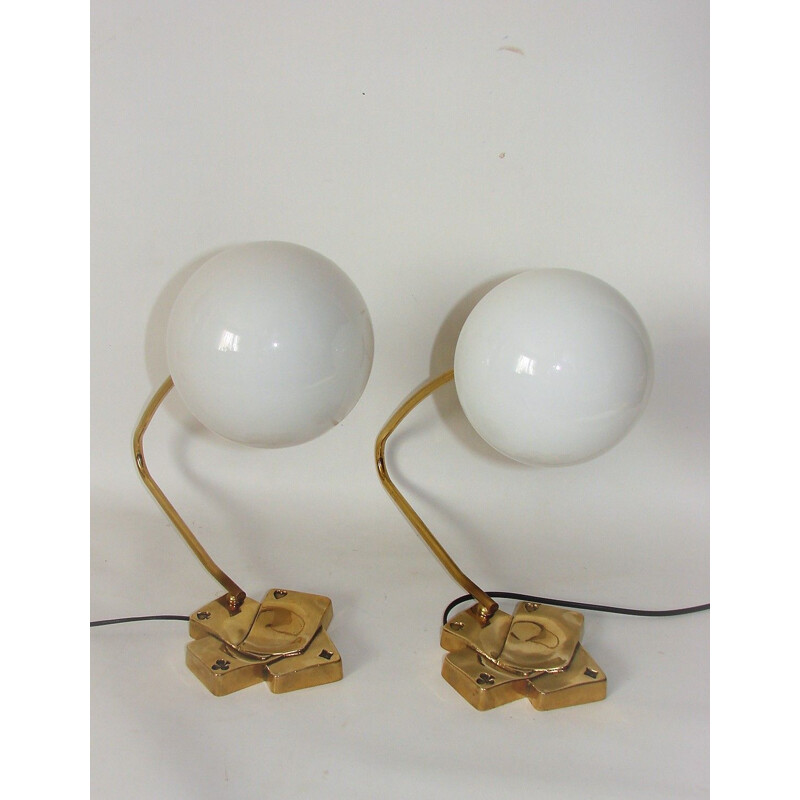 Pair of modernist vintage brass and glass lamps, 1960s